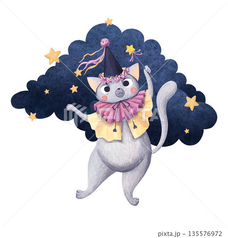 A cat in a magic hat and with a magic wand creates magical dreams 135576972