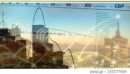 Showing city skyline over water at dusk with currency ticker, line chart and network arc overlays Showing city skyline over water at dusk with currency ticker, line chart and network arc overlays 135577084