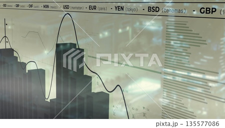 Displaying glass display showing 3D bar chart and line graph over currency tickers at office window Displaying glass display showing 3D bar chart and line graph over currency tickers at office window 135577086
