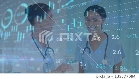 Discussing health data, medical team analyzing charts in lab, with stethoscopes and data interface 135577094