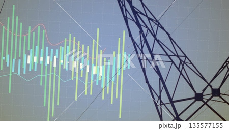 Tower silhouette standing in grid visualization, with bars, trend and reference line, copy space 135577155