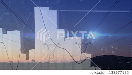 Overlaying translucent bar charts and line graphs with numeric markers onto towers at rural dusk Overlaying translucent bar charts and line graphs with numeric markers onto towers at rural dusk 135577156