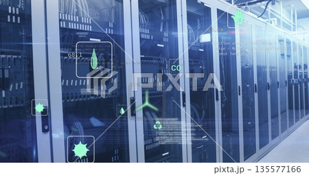 Displaying glass racks projecting holographic icons in data center corridor, with patch cables Displaying glass racks projecting holographic icons in data center corridor, with patch cables 135577166