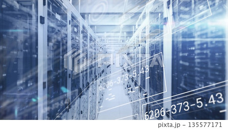 Displaying server cabinets hosting rack servers in data center, with digital overlays Displaying server cabinets hosting rack servers in data center, with digital overlays 135577171