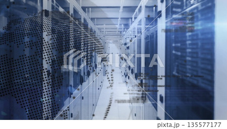 Showcasing data center corridor, with server racks, network switches, blade servers and LED lights 135577177