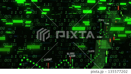 Displaying data display on screen with binary digits, green bars, numeric labels, dotted charts Displaying data display on screen with binary digits, green bars, numeric labels, dotted charts 135577202