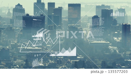 Hovering digital overlays over downtown, showing line graphs, bar charts, grid panels, text blocks 135577203