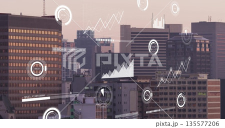 Showing city skyline displaying floating HUD data overlays at downtown dusk, with many data charts Showing city skyline displaying floating HUD data overlays at downtown dusk, with many data charts 135577206