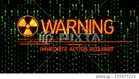 Displaying uppercase WARNING text on computer screen with glowing radiation symbol and binary code Displaying uppercase WARNING text on computer screen with glowing radiation symbol and binary code 135577213