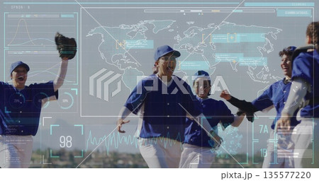 Celebrating female baseball team wearing uniforms on baseball field, with caps, glove, HUD overlay 135577220