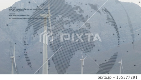 Spinning white wind turbine on wind farm at mountain base, with globe overlay, data circles, code Spinning white wind turbine on wind farm at mountain base, with globe overlay, data circles, code 135577291
