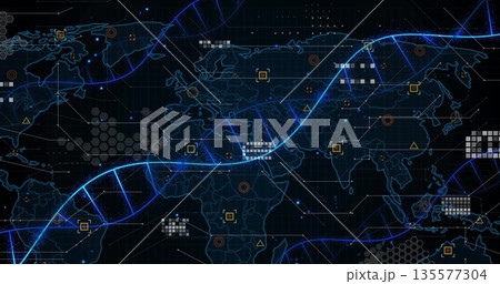 Cutting diagonally blue helical data stream across world map interface, with grid lines and nodes 135577304