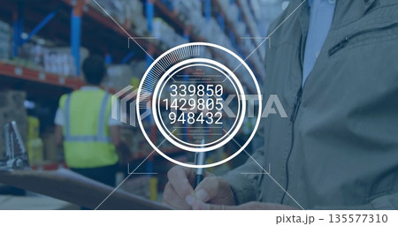 Inspecting warehouse worker in jacket holding clipboard scanning racks with HUD overlay, copy space Inspecting warehouse worker in jacket holding clipboard scanning racks with HUD overlay, copy space 135577310