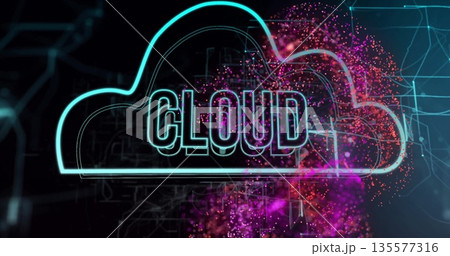 Pulsating neon-outlined cloud with CLOUD text glowing in dark digital space, with circuit lines Pulsating neon-outlined cloud with CLOUD text glowing in dark digital space, with circuit lines 135577316
