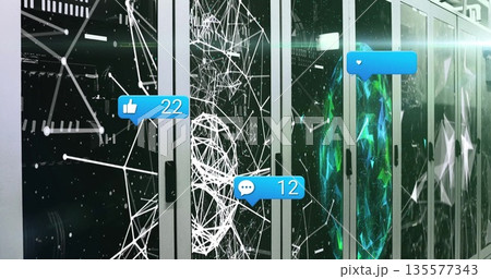 Projecting wireframe head and social media bubbles on server racks in data center with LED lights 135577343