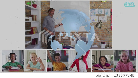 Gesturing teacher explaining lesson at brick-wall whiteboard, showing globe overlay student frames Gesturing teacher explaining lesson at brick-wall whiteboard, showing globe overlay student frames 135577349