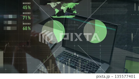 Laptop displaying green data visuals at office desk, with notebook pen coffee cup smartphone Laptop displaying green data visuals at office desk, with notebook pen coffee cup smartphone 135577401