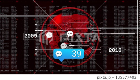 Highlighting blue digital speech bubble displaying 39 on high-tech data dashboard, with world map 135577402