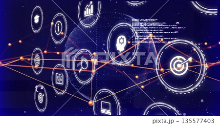 Displaying network visualization in blue gradient, with circular icons, orange lines, dotted sphere Displaying network visualization in blue gradient, with circular icons, orange lines, dotted sphere 135577403