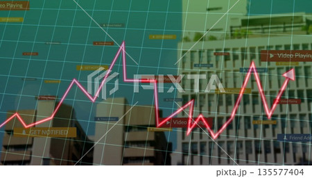 Displaying bright pink zigzag trend line running across skyline grid overlay, with data labels Displaying bright pink zigzag trend line running across skyline grid overlay, with data labels 135577404