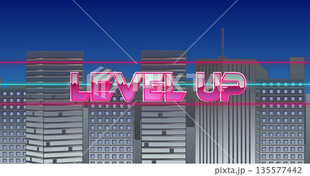 Glowing neon-pink LEVEL UP sign floating above nighttime urban skyline, with pink and teal bars Glowing neon-pink LEVEL UP sign floating above nighttime urban skyline, with pink and teal bars 135577442
