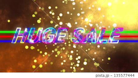 Displaying stylized text reading HUGE SALE on abstract digital background, with RGB stripes Displaying stylized text reading HUGE SALE on abstract digital background, with RGB stripes 135577444