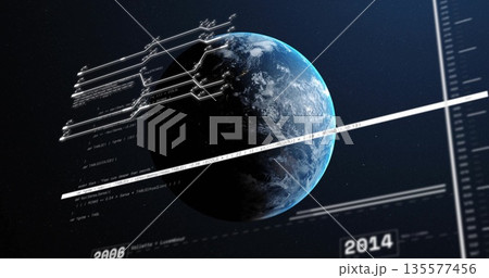 Showing Earth globe rotating in space interface, displaying code overlays with 2006-2014 timeline 135577456