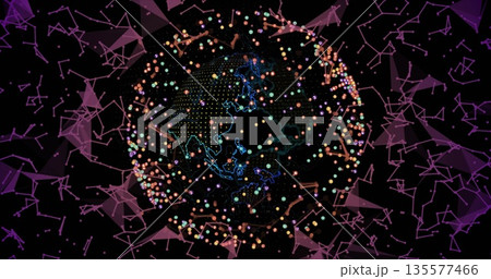 Dotted globe rotating in digital space with neon continent outlines orbiting nodes and purple mesh Dotted globe rotating in digital space with neon continent outlines orbiting nodes and purple mesh 135577466