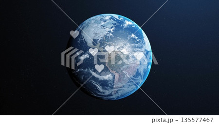 Floating planet Earth displaying swirling clouds in space, with translucent heart icons hovering 135577467
