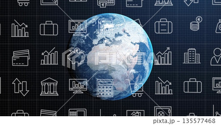 Showing 3D Earth globe on dark blue grid background, with overlaid bar charts and piggy bank 135577468
