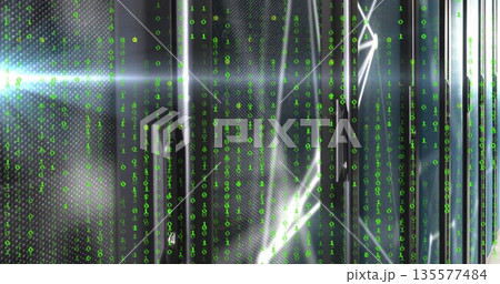 Displaying server rack panels cascading green binary code in data center, with metal surfaces Displaying server rack panels cascading green binary code in data center, with metal surfaces 135577484