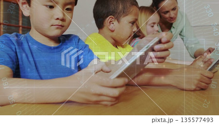Guiding teacher helping students using tablets on wooden table in classroom, digital learning theme Guiding teacher helping students using tablets on wooden table in classroom, digital learning theme 135577493
