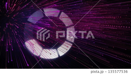Rotating segmented spinner radiating magenta-violet streaks in network tunnel, with binary dots Rotating segmented spinner radiating magenta-violet streaks in network tunnel, with binary dots 135577536