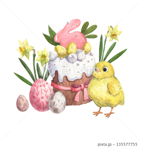 Watercolor illustration with chicken and Easter cake 135577755