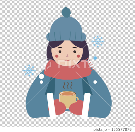 Woman drinking hot coffee in a cafe on winter holidays. Drinking hot drink. Drinking cafe latte. Vector illustration Woman drinking hot coffee in a cafe on winter holidays. Drinking hot drink. Drinking cafe latte. Vector illustration 135577879