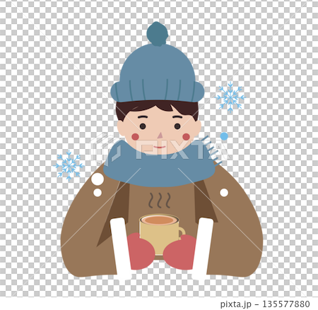 一個男人在喝拿鐵咖啡。一個男人在冬天用熱飲取暖。咖啡廳.向量圖 135577880