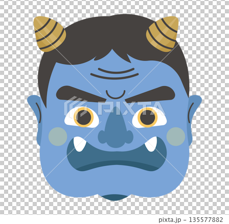 A scary blue demon mask. A blue demon's face. A Setsubun demon. 135577882