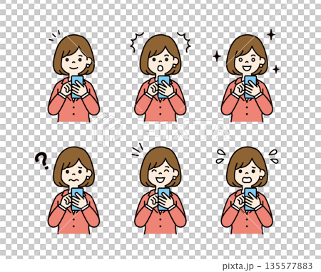 Vector illustration material set of various facial expressions of a woman in a suit operating a smartphone_Color 135577883