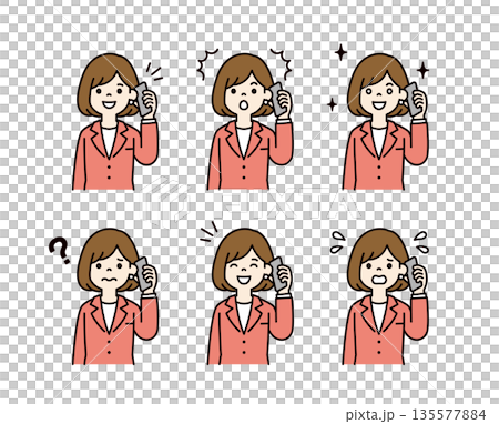 一組向量插圖素材，包含一位身穿西裝、正在使用智慧型手機通話的女性的各種面部表情（彩色）。 135577884