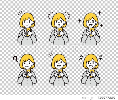Vector illustration material set of various facial expressions of young female employees and business people operating smartphones 135577885
