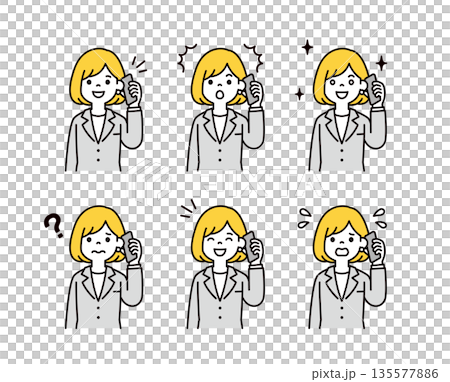 A vector illustration set of various facial expressions of young female employees and business people talking on smartphones 135577886