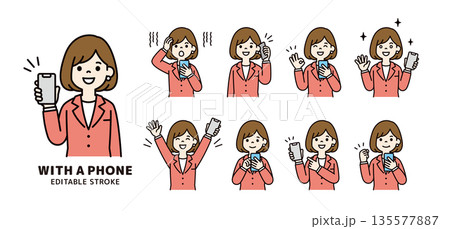 スマホを持つ、スーツを着た女性社員の様々な表情・ポーズのベクターイラスト素材セット_カラー スマホを持つ、スーツを着た女性社員の様々な表情・ポーズのベクターイラスト素材セット_カラー 135577887
