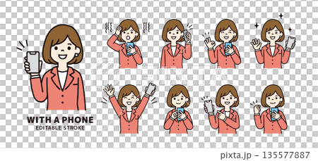 Vector illustration material set of various expressions and poses of female employees in suits holding smartphones_Color 135577887
