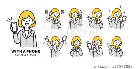 スマートフォンを持つ、ビジネスウーマンの様々な表情・ポーズのベクターイラスト素材セット 135577888
