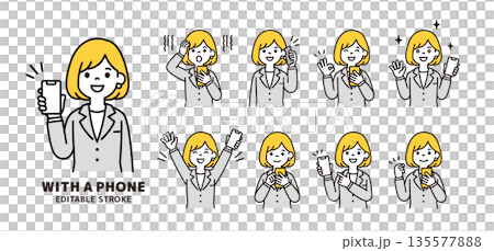 一組向量插圖，描繪了一位手持智慧型手機的女商人的各種表情和姿勢。 135577888