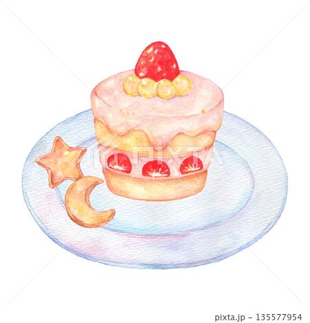 お皿に乗った苺のケーキ 135577954