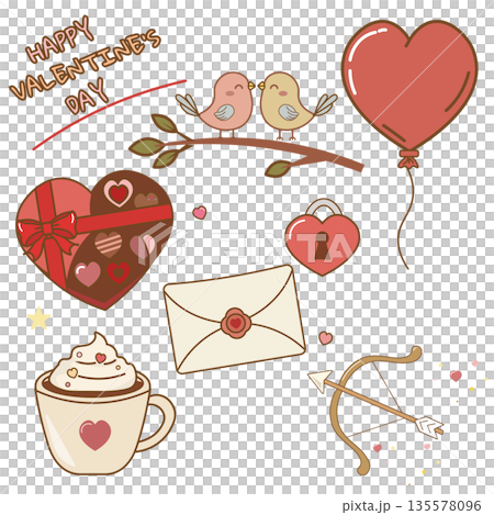 バレンタインのイラストセット。恋愛、告白、恋、チョコレート、結婚、カフェ、2月。ベクターイラスト	 135578096