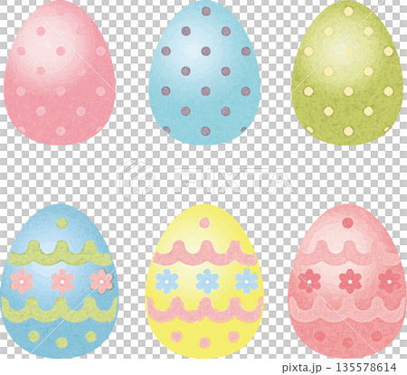 Cute watercolor Easter eggs. A pastel-colored Easter material set decorated with dots and floral patterns. Cute watercolor Easter eggs. A pastel-colored Easter material set decorated with dots and floral patterns. 135578614