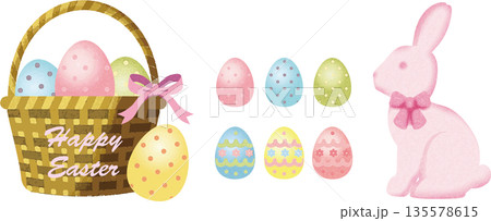 水彩画の可愛いイースターバニーと卵のバスケットのイラスト素材 135578615