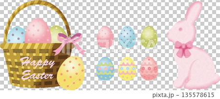 水彩画の可愛いイースターバニーと卵のバスケットのイラスト素材 135578615